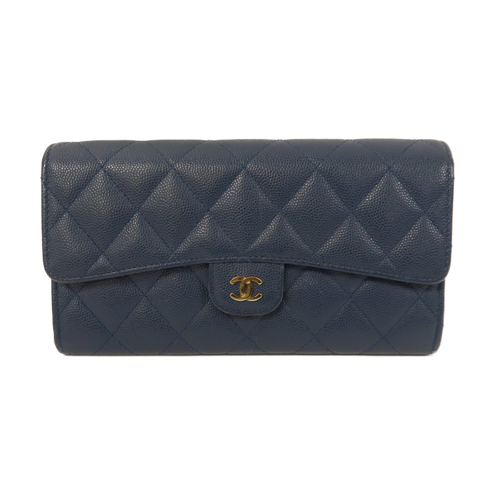 CHANEL 菱格Caviar皮革Long Wallet金扣長錢包藍色
