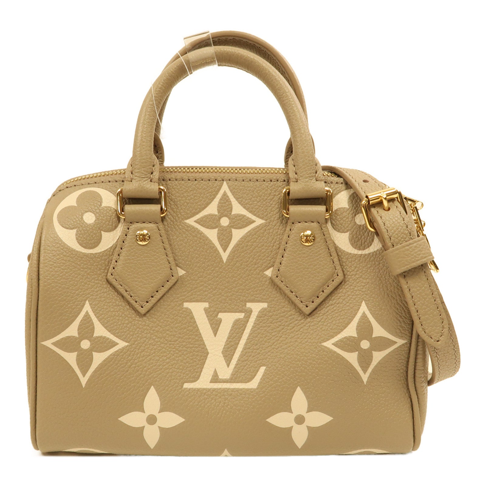 LOUIS VUITTON Monogram Empreinte Speedy Bandouliere 20金扣手挽肩背兩用袋米色
