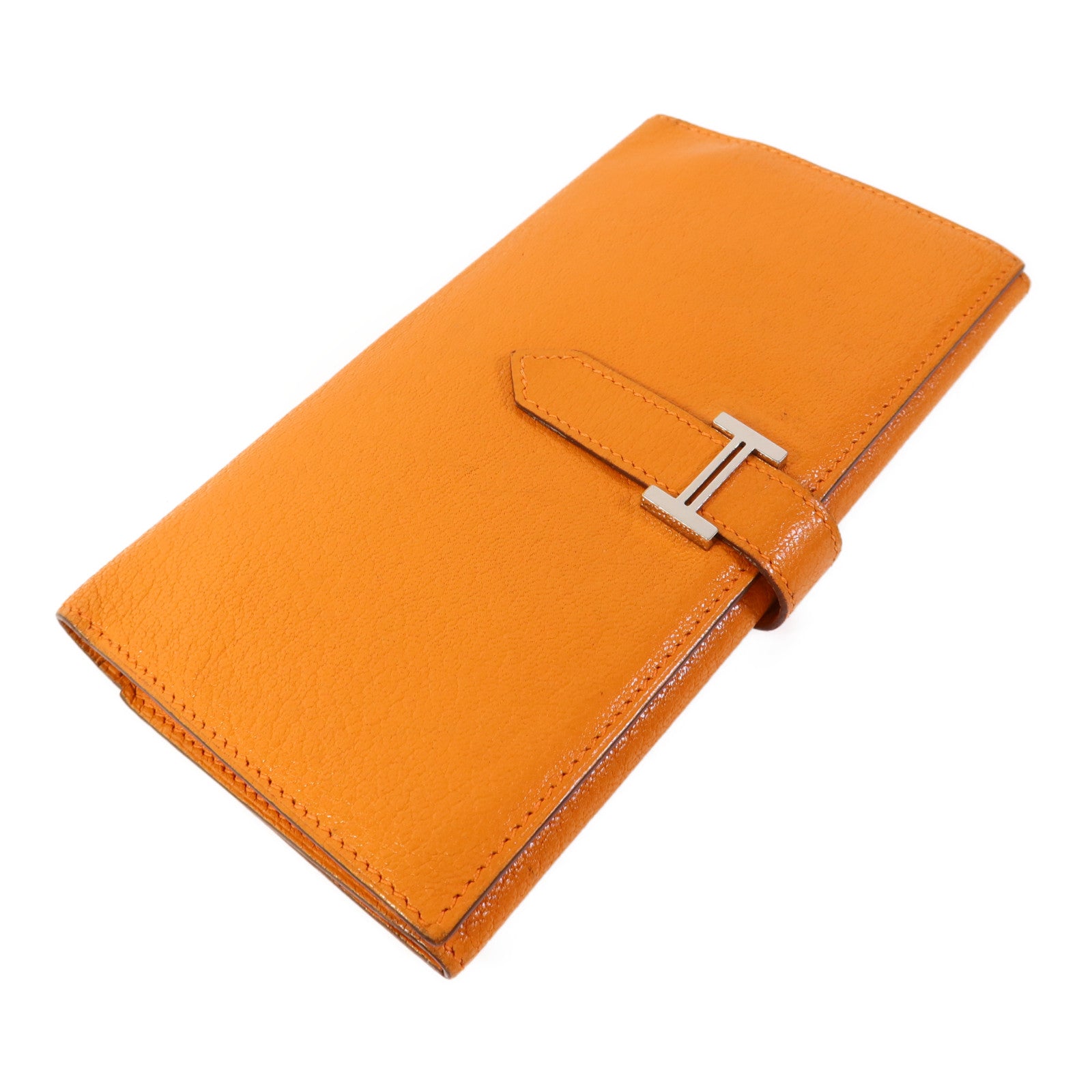 HERMES Chevre皮革Bearn Wallet銀扣長錢包Apricot