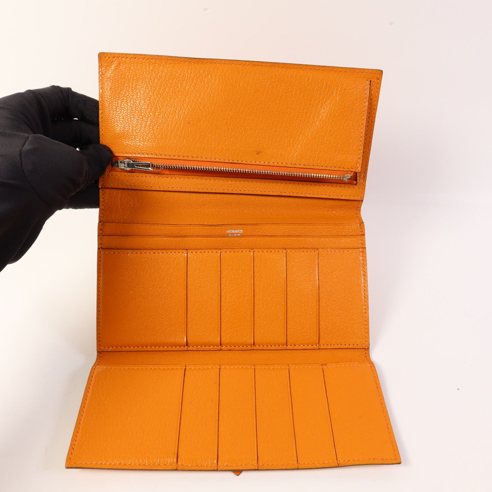 HERMES Chevre皮革Bearn Wallet銀扣長錢包Apricot