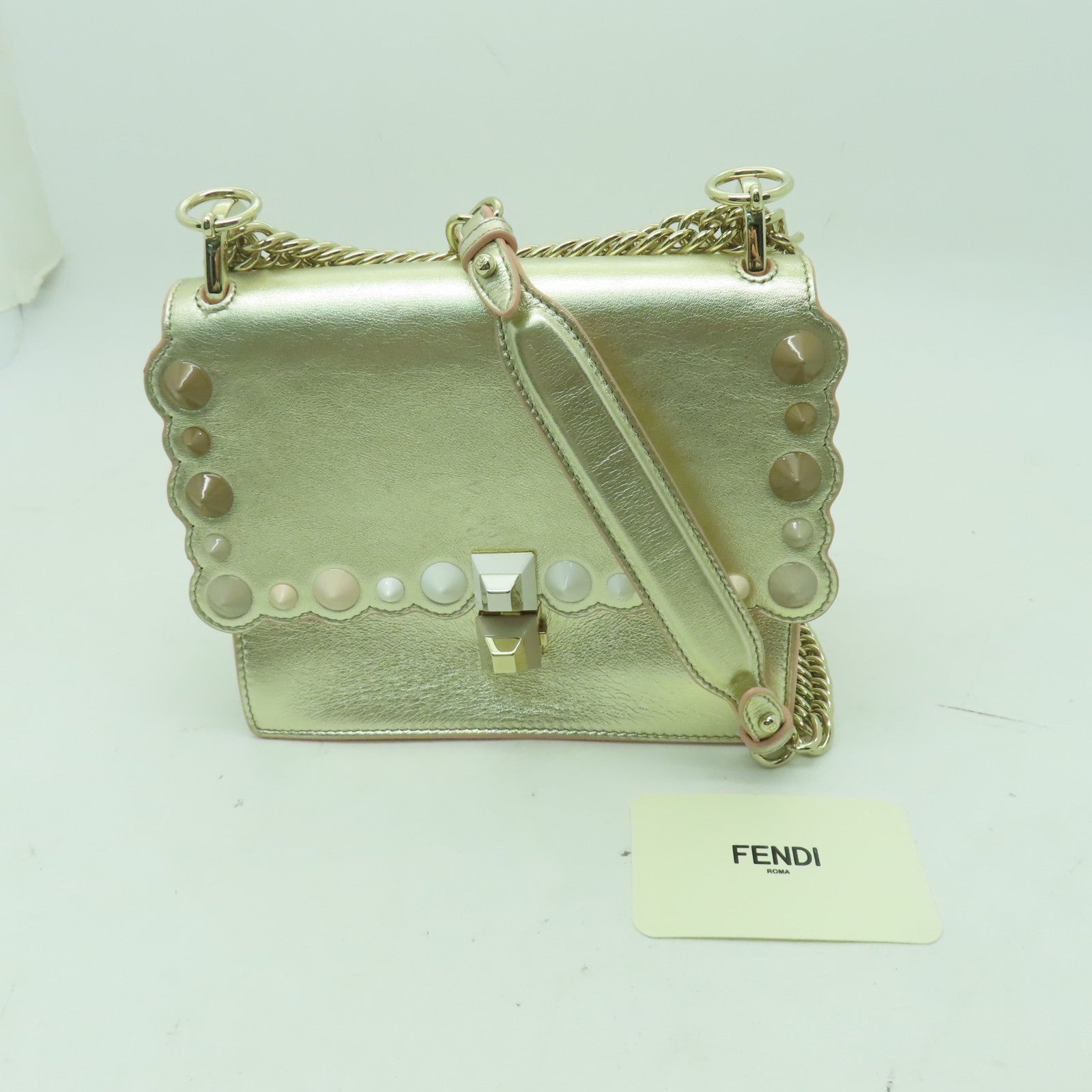 FENDI 【激減優惠】牛皮皮革Chain Shoulder金扣鏈帶肩背袋金色