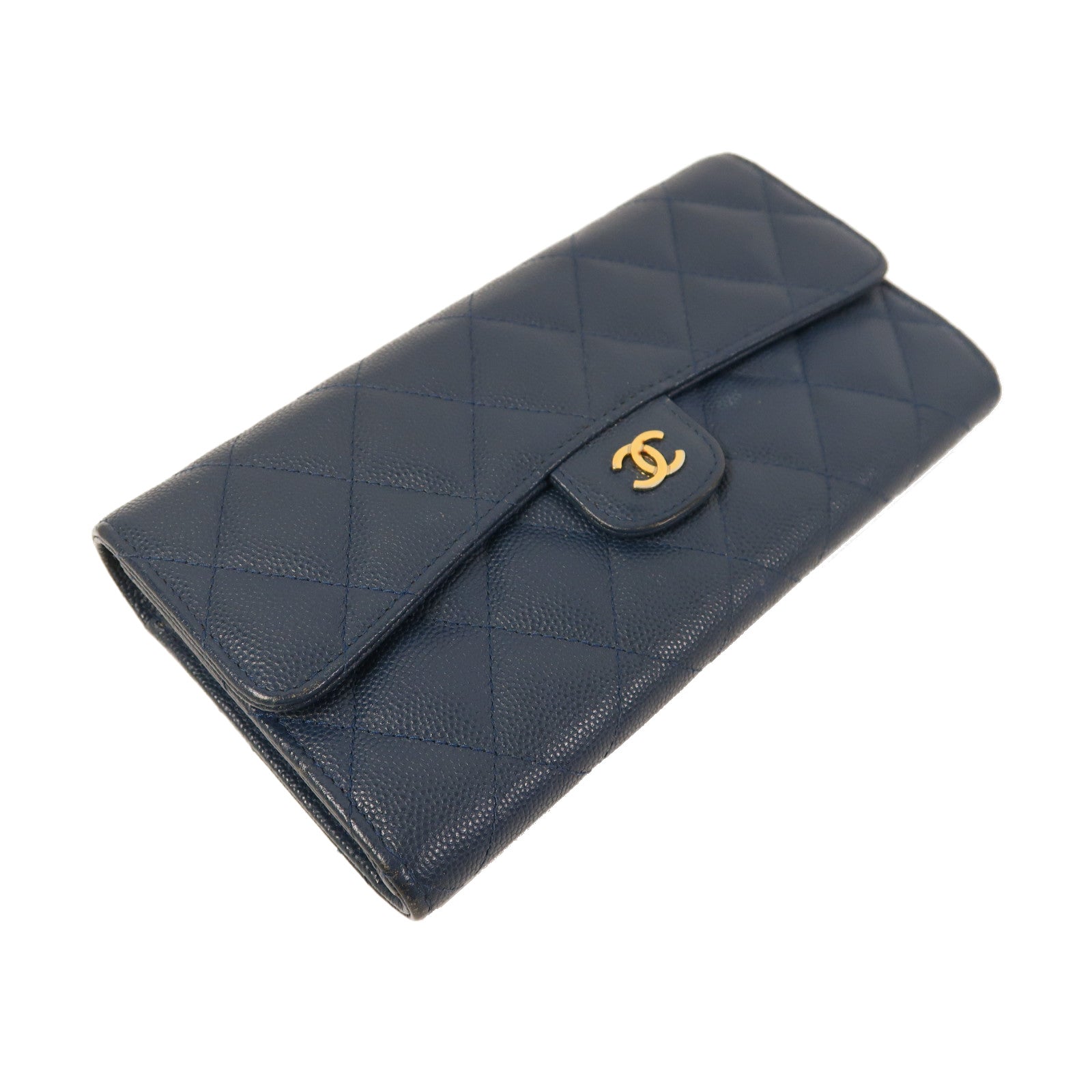 CHANEL 菱格Caviar皮革Long Wallet金扣長錢包藍色