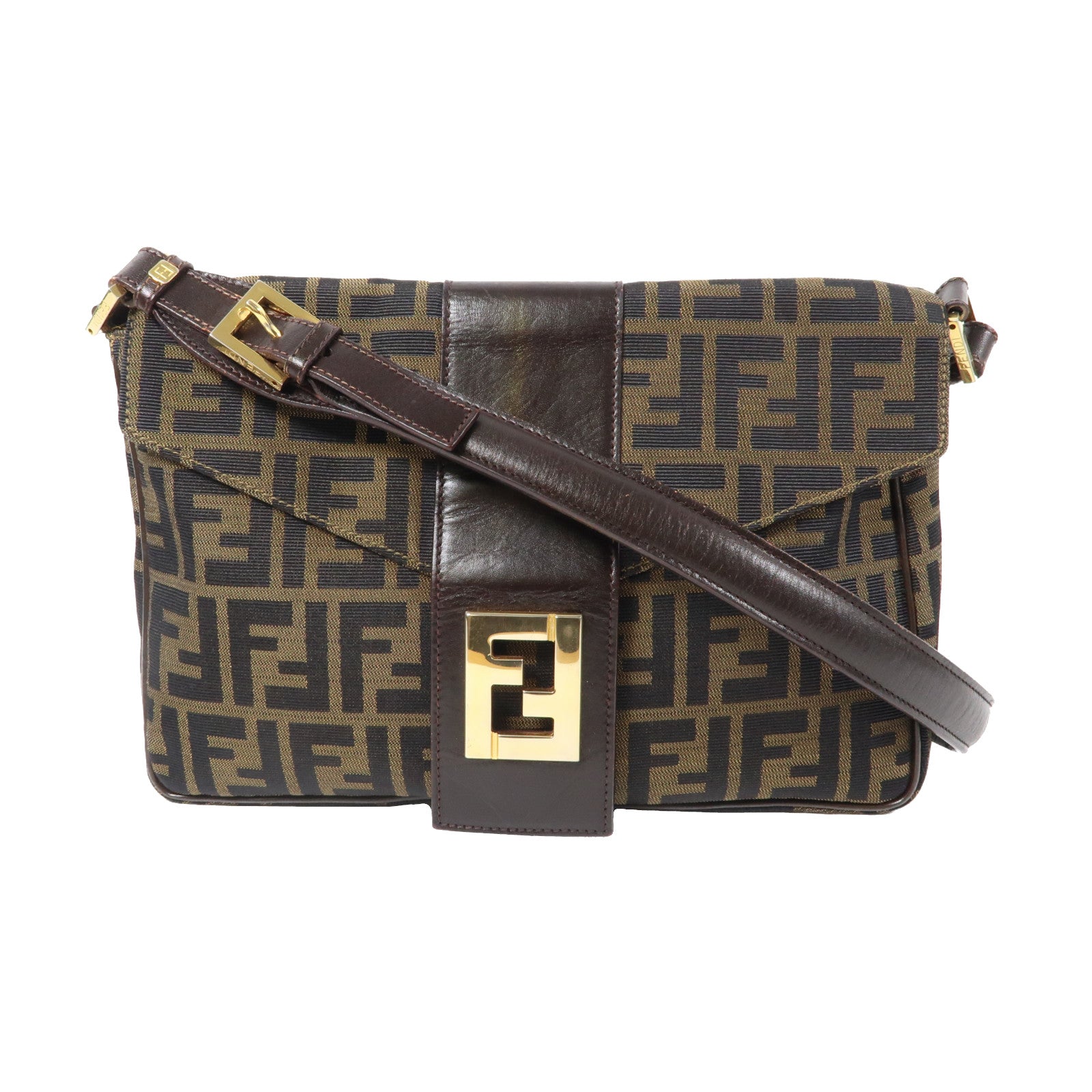 FENDI 帆布Shoulder Bag金扣肩背袋黑色/啡色
