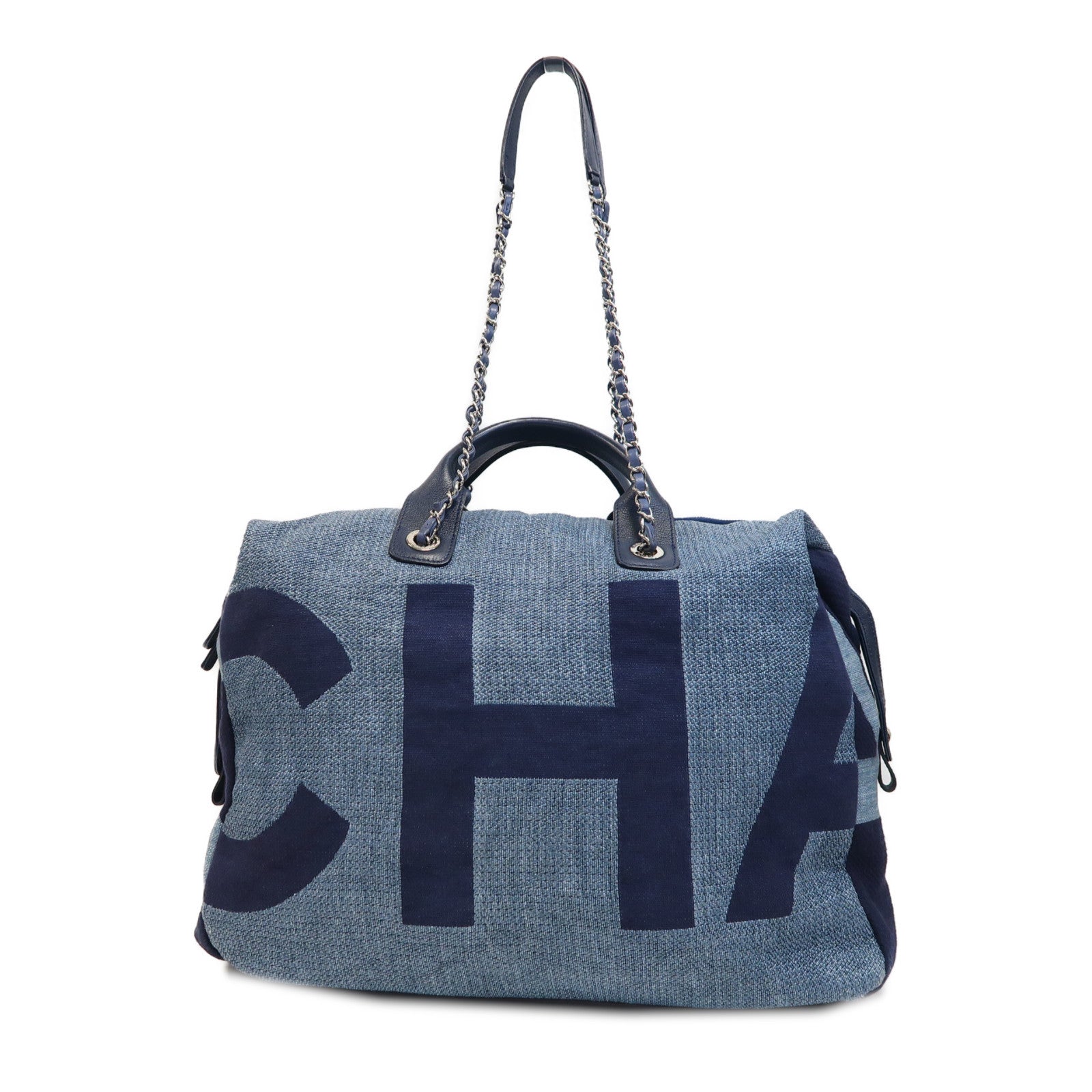 CHANEL 【激減優惠】牛仔布2 Way Shoulder Tote銀扣鏈帶手挽肩背兩用袋藍色
