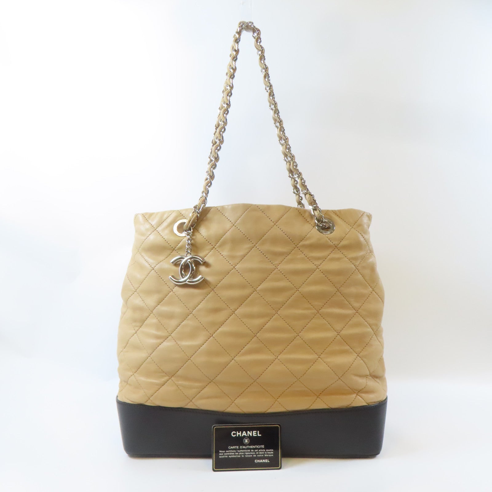 CHANEL 【激減優惠】菱格羊皮皮革Chain Shoulder Bag銀扣鏈帶肩背袋淺褐色/黑色