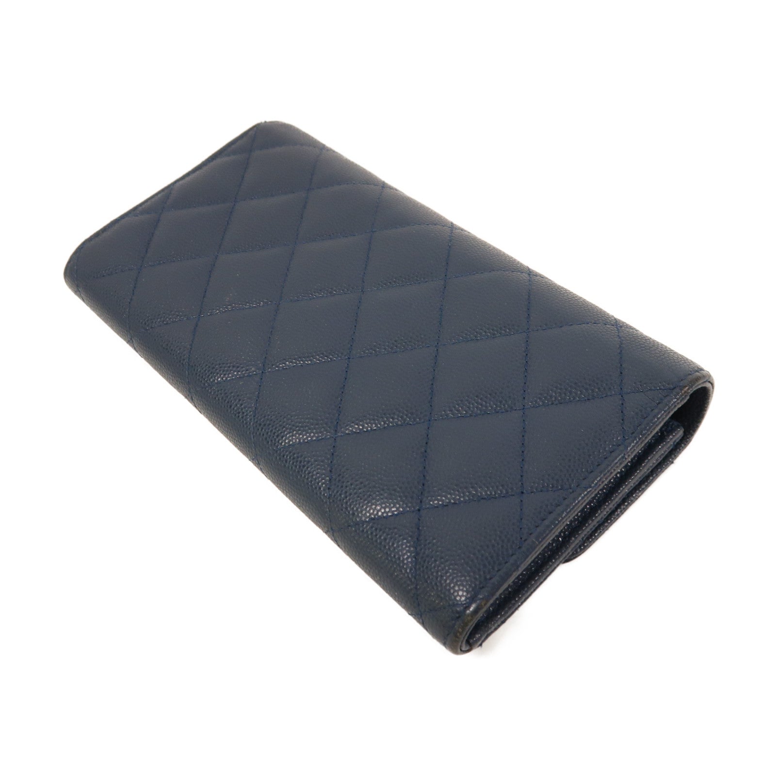 CHANEL 菱格Caviar皮革Long Wallet金扣長錢包藍色