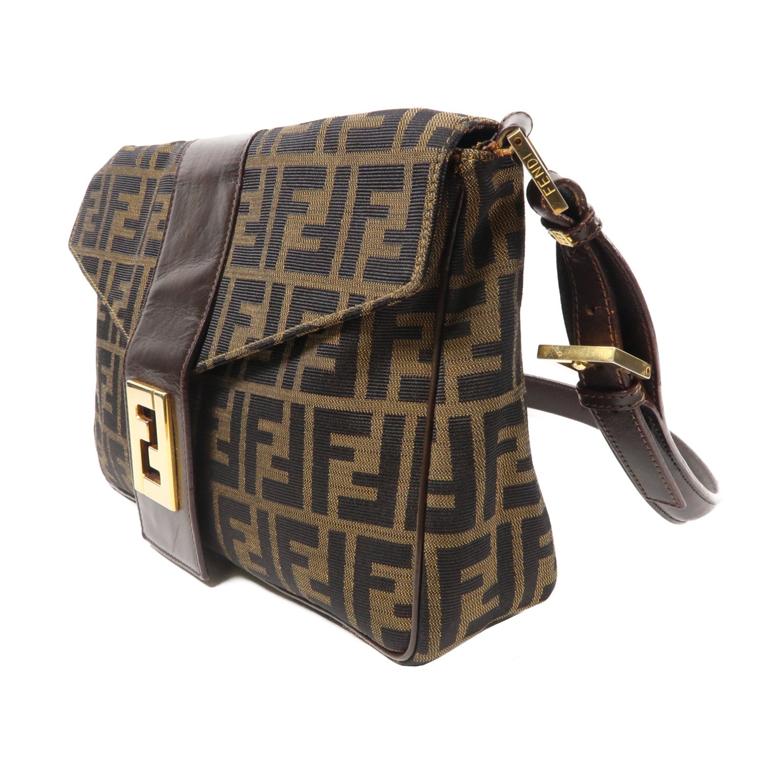 FENDI 帆布Shoulder Bag金扣肩背袋黑色/啡色