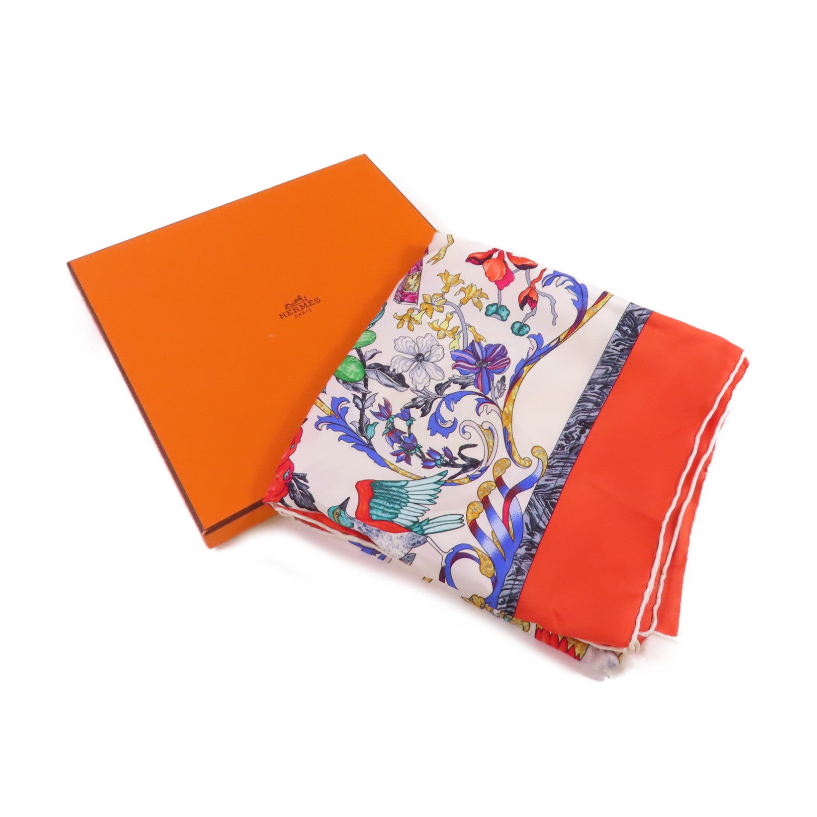 HERMES 絲質90x90 Scarf絲巾白色/橙色/彩色