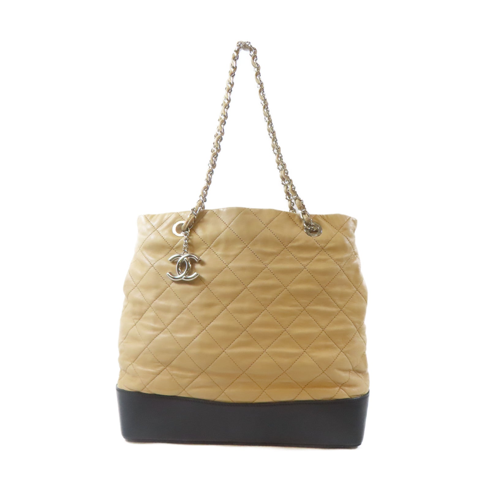 CHANEL 【激減優惠】菱格羊皮皮革Chain Shoulder Bag銀扣鏈帶肩背袋淺褐色/黑色