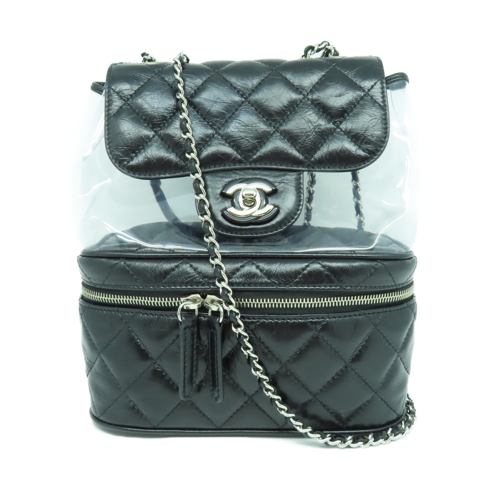 CHANEL 【清倉大減價】菱格牛皮皮革/PVC Chain Shoulder銀扣鏈帶肩背袋黑色