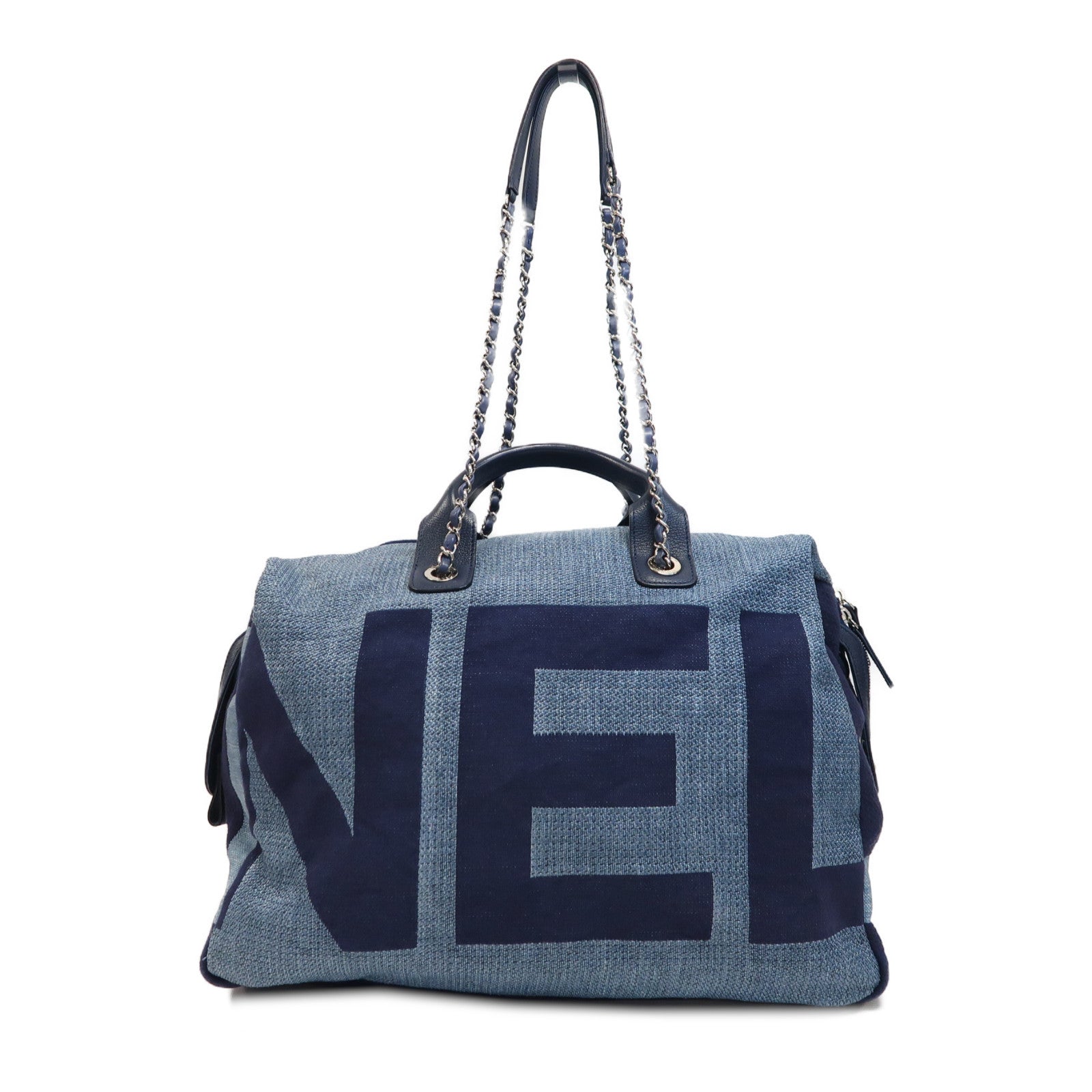 CHANEL 【激減優惠】牛仔布2 Way Shoulder Tote銀扣鏈帶手挽肩背兩用袋藍色