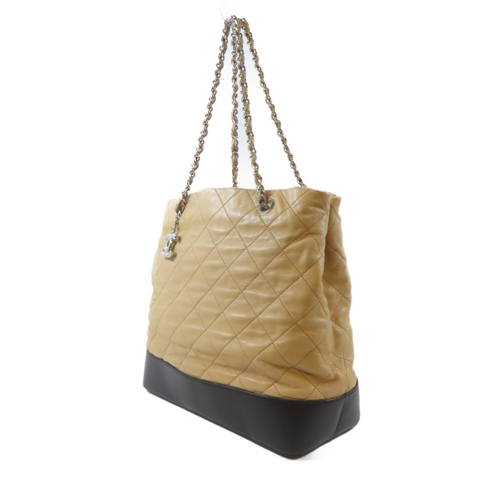 CHANEL 【激減優惠】菱格羊皮皮革Chain Shoulder Bag銀扣鏈帶肩背袋淺褐色/黑色