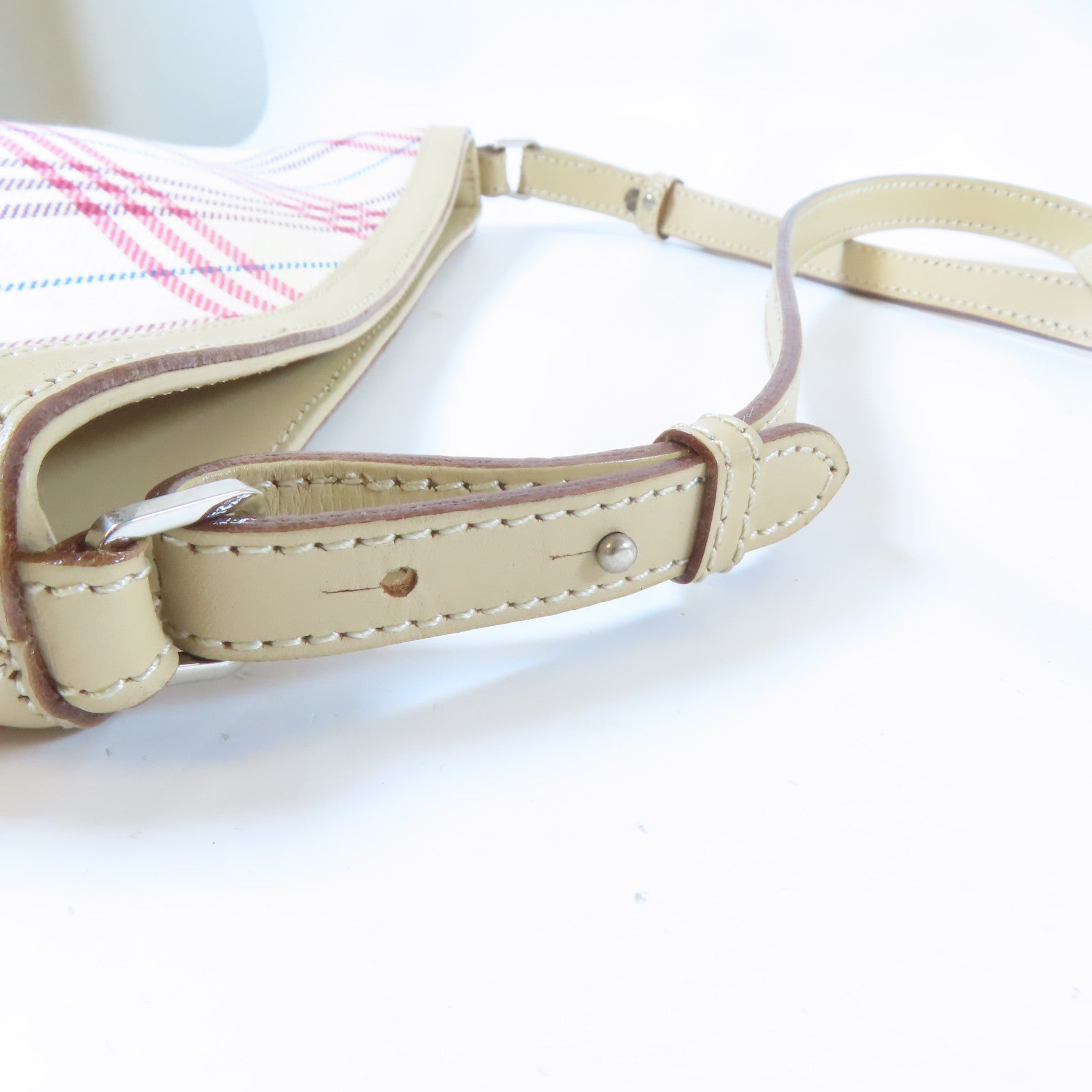BURBERRY 帆布Shoulder Bag銀扣肩背袋米色/紅色