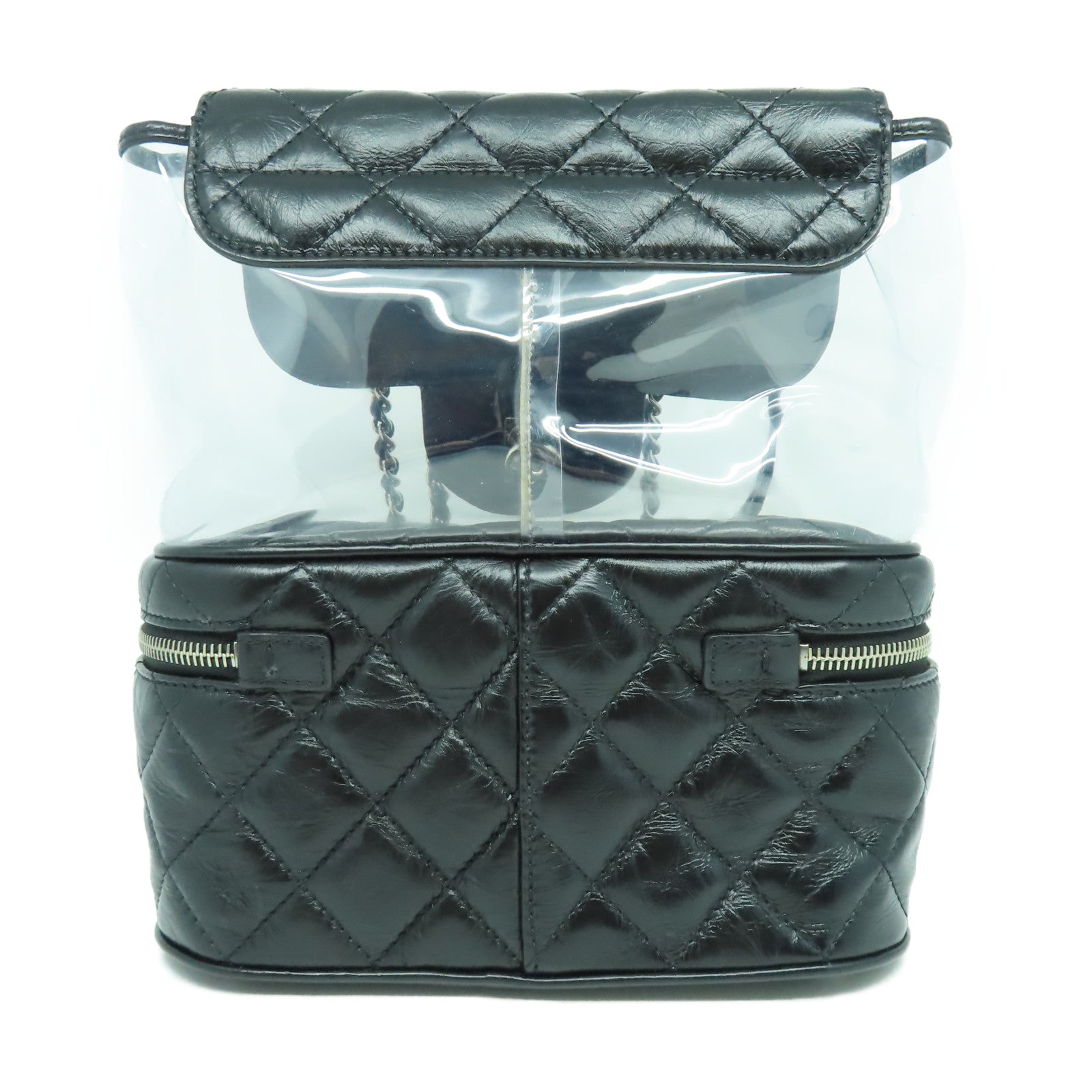 CHANEL 【清倉大減價】菱格牛皮皮革/PVC Chain Shoulder銀扣鏈帶肩背袋黑色