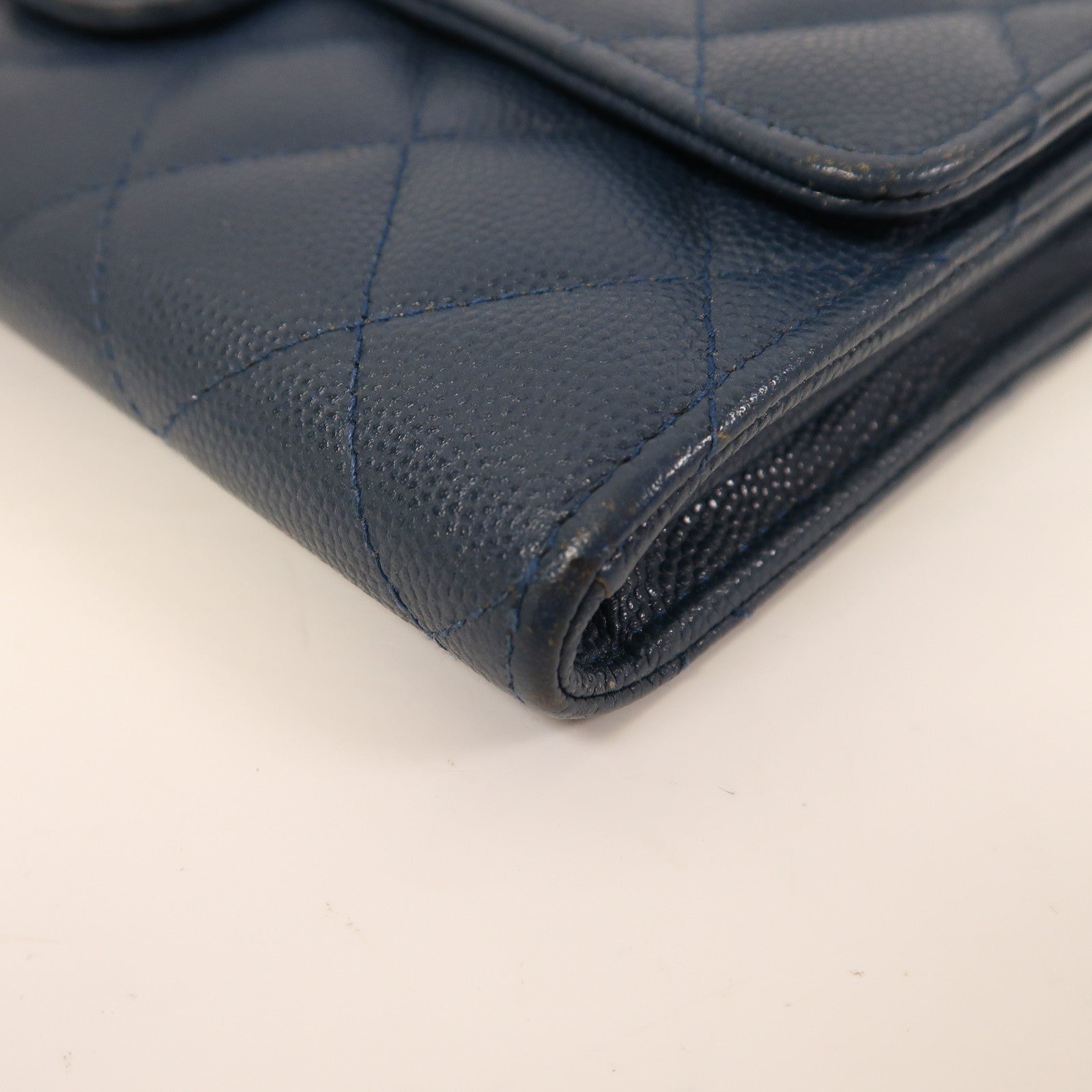 CHANEL 菱格Caviar皮革Long Wallet金扣長錢包藍色
