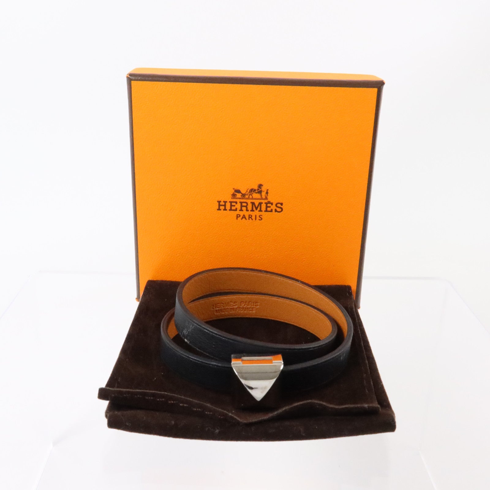 HERMES Swift皮革Medor Infini Double Tour Bracelet銀扣手鏈Black/Fauve