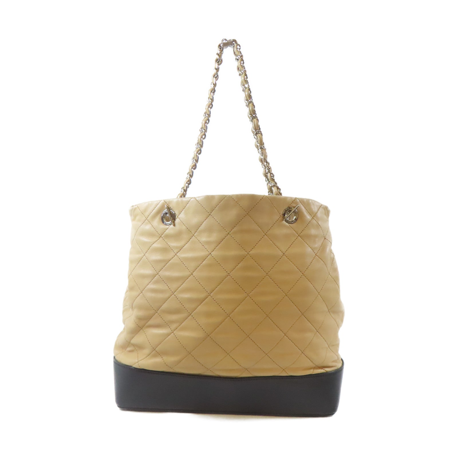 CHANEL 【激減優惠】菱格羊皮皮革Chain Shoulder Bag銀扣鏈帶肩背袋淺褐色/黑色