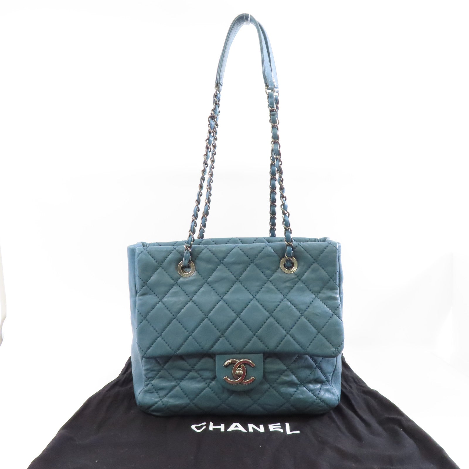 CHANEL 菱格牛皮皮革Tote Bag銀扣鏈帶肩背袋藍色