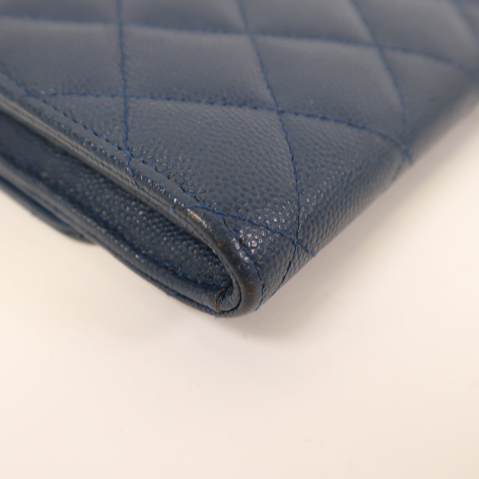 CHANEL 菱格Caviar皮革Long Wallet金扣長錢包藍色