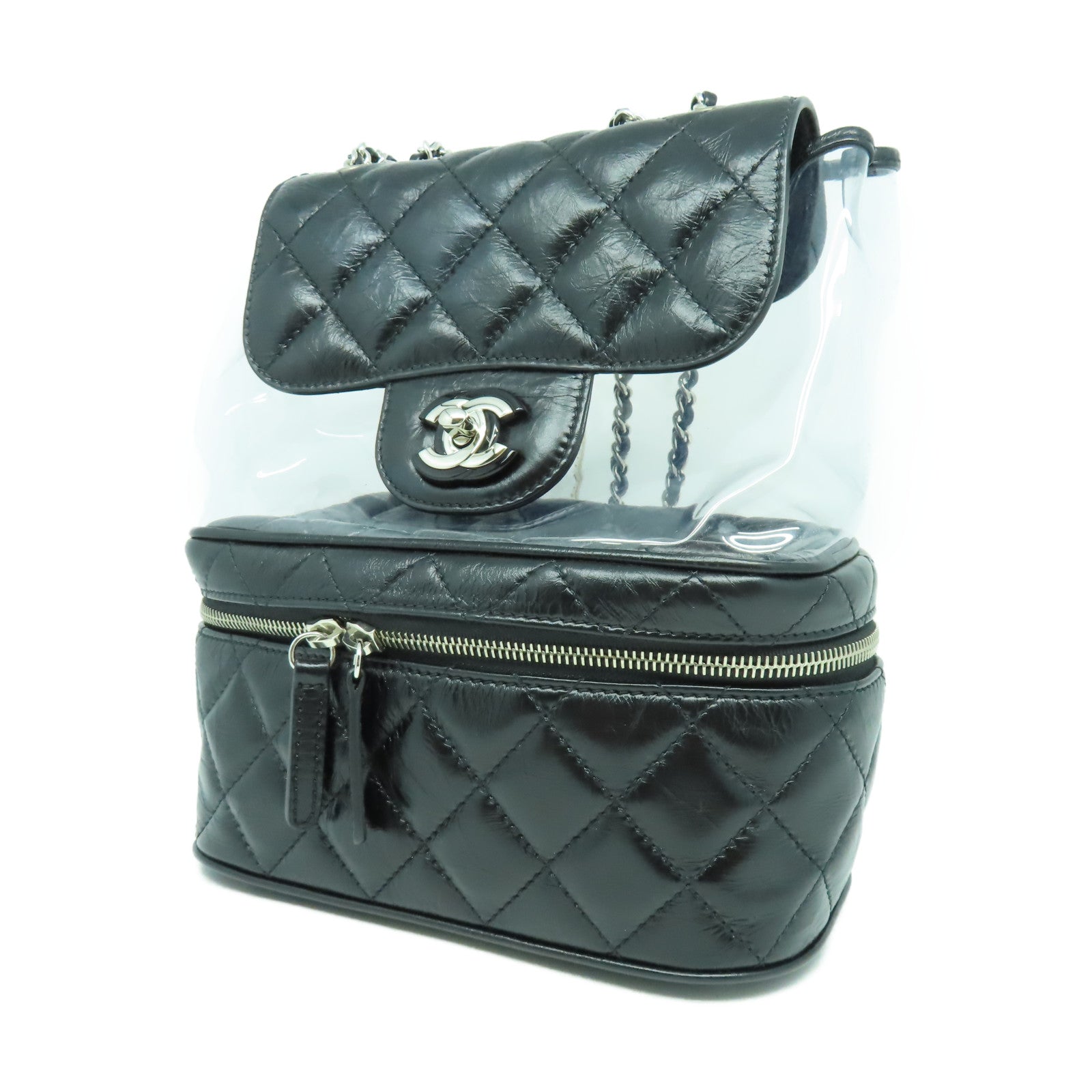 CHANEL 【清倉大減價】菱格牛皮皮革/PVC Chain Shoulder銀扣鏈帶肩背袋黑色