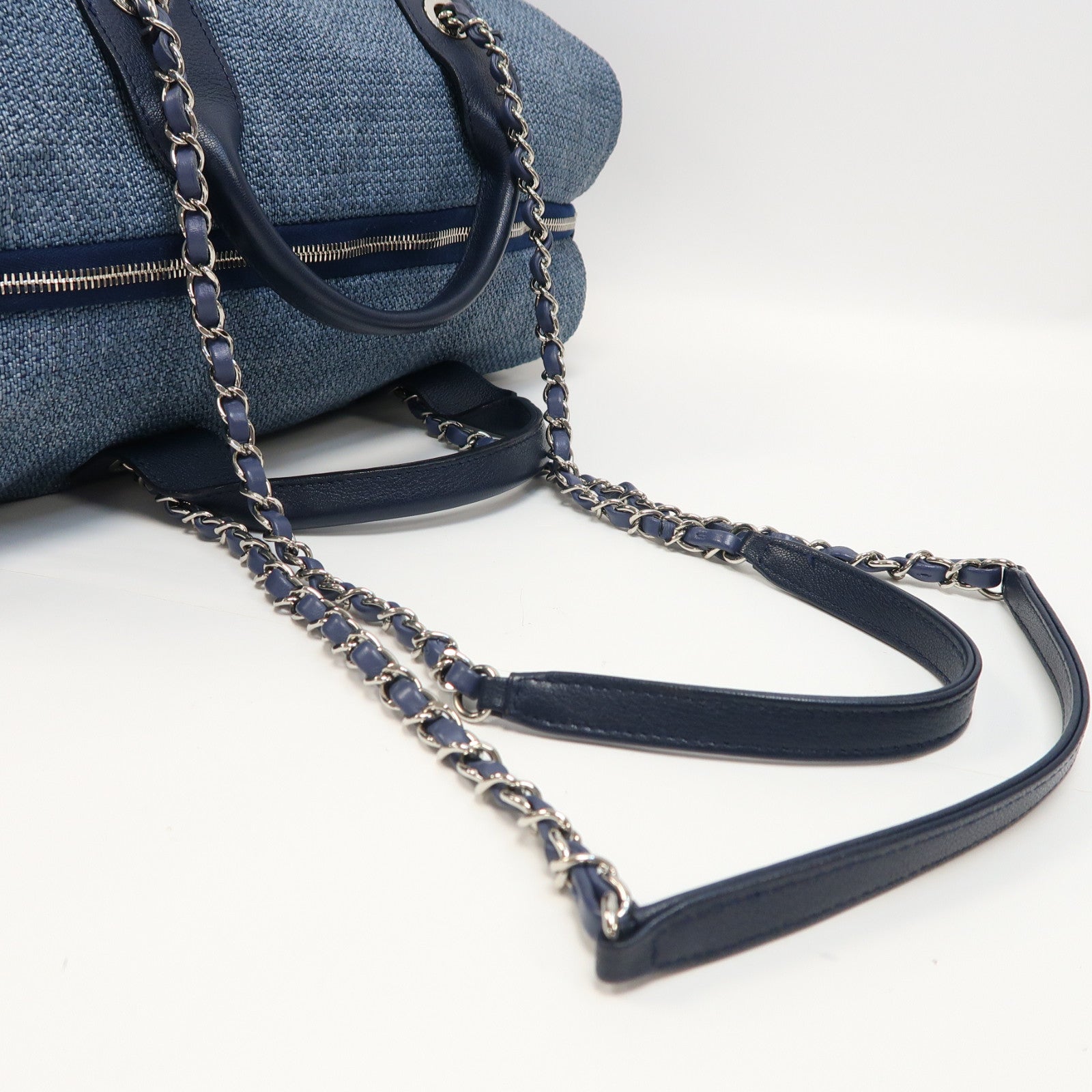 CHANEL 【激減優惠】牛仔布2 Way Shoulder Tote銀扣鏈帶手挽肩背兩用袋藍色