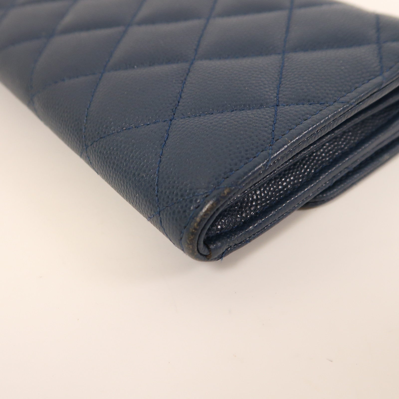 CHANEL 菱格Caviar皮革Long Wallet金扣長錢包藍色