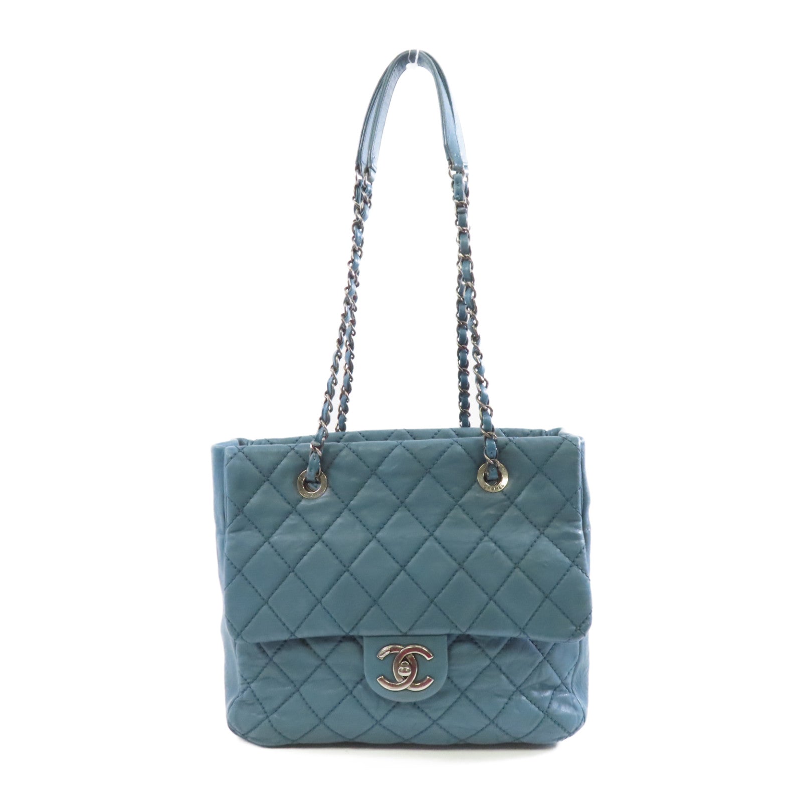 CHANEL 菱格牛皮皮革Tote Bag銀扣鏈帶肩背袋藍色