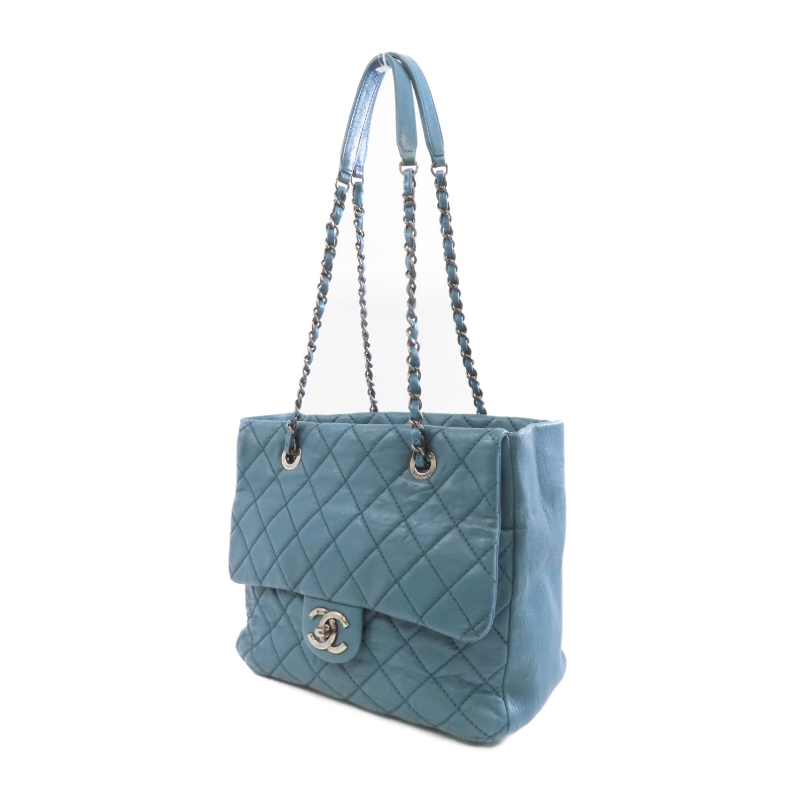 CHANEL 菱格牛皮皮革Tote Bag銀扣鏈帶肩背袋藍色