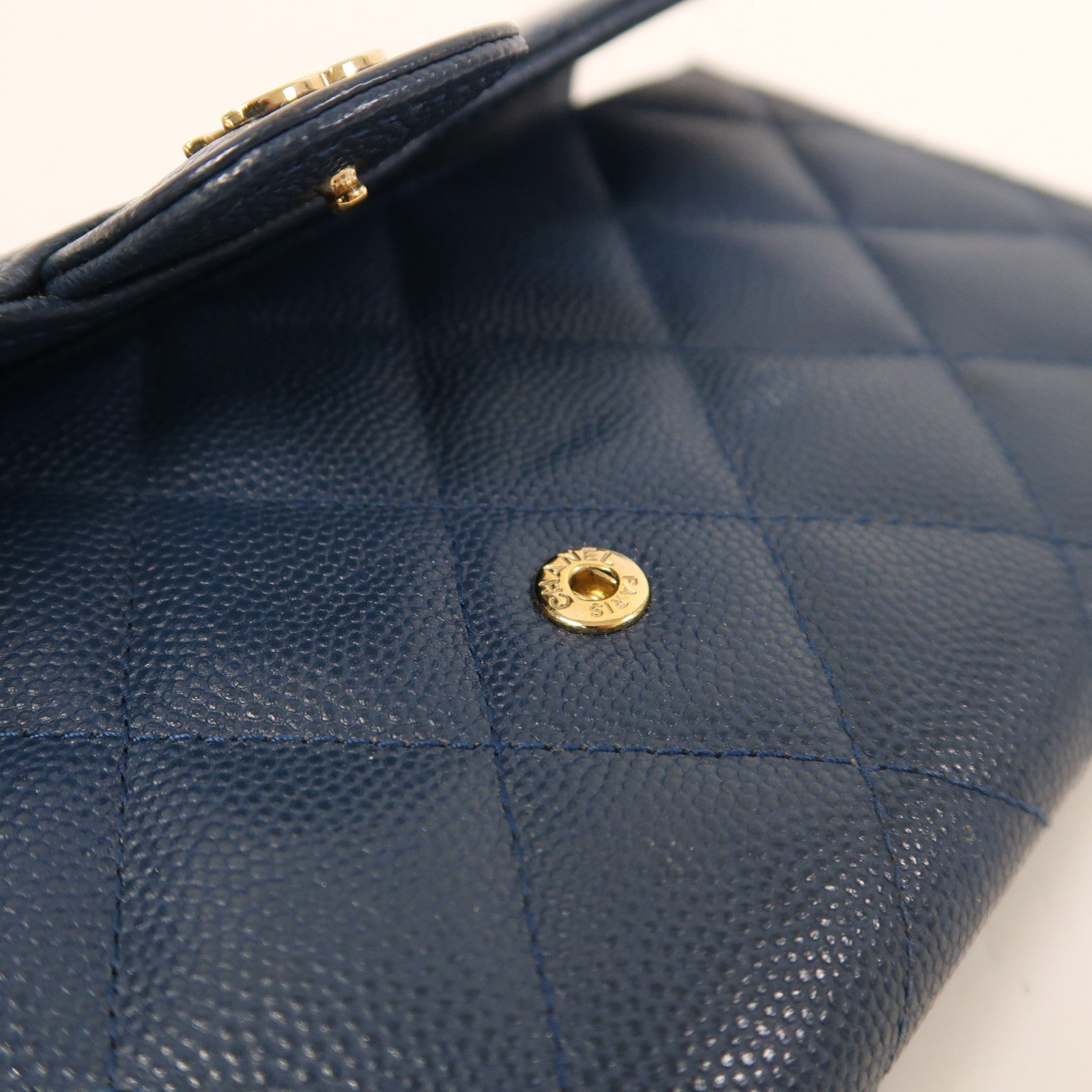 CHANEL 菱格Caviar皮革Long Wallet金扣長錢包藍色