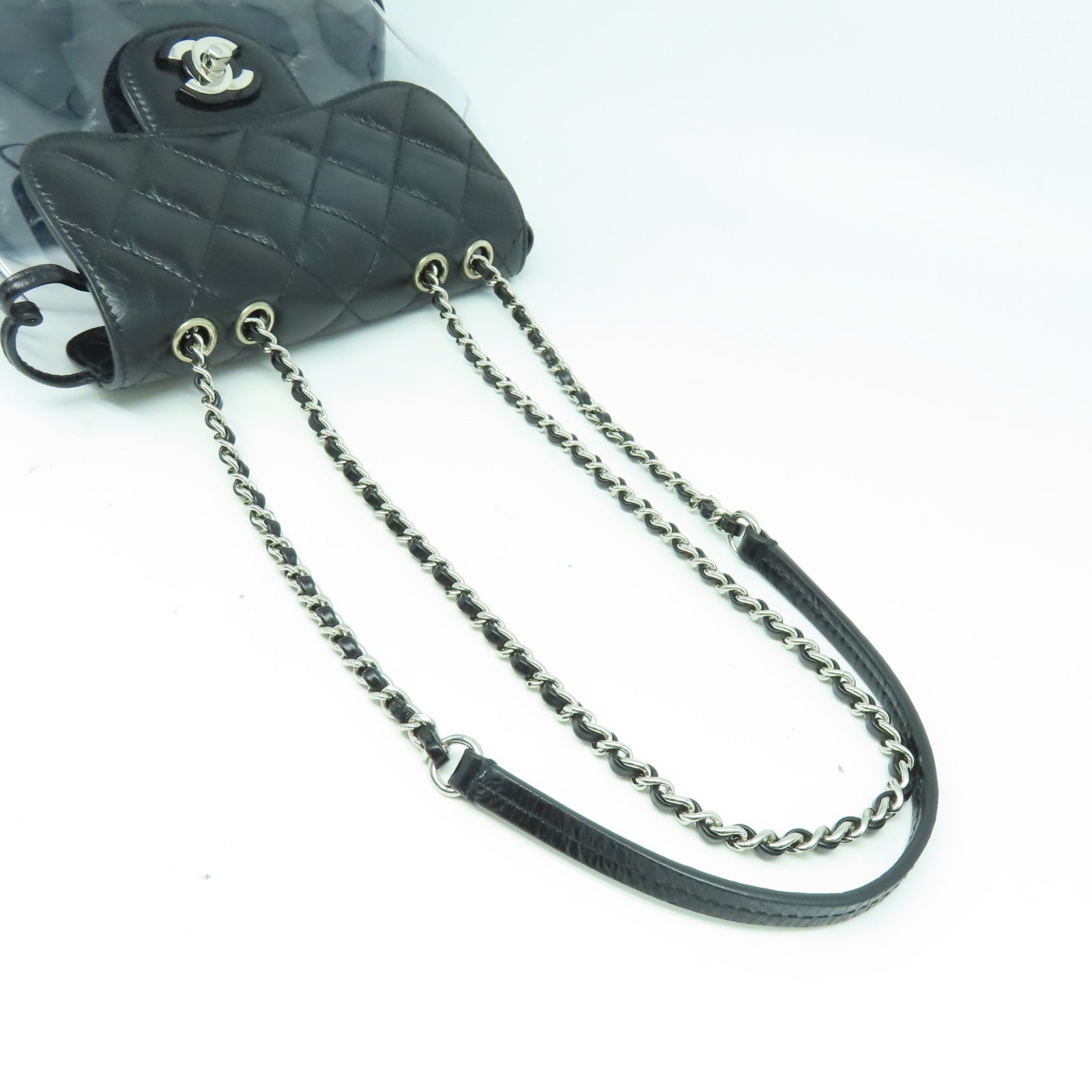 CHANEL 【清倉大減價】菱格牛皮皮革/PVC Chain Shoulder銀扣鏈帶肩背袋黑色