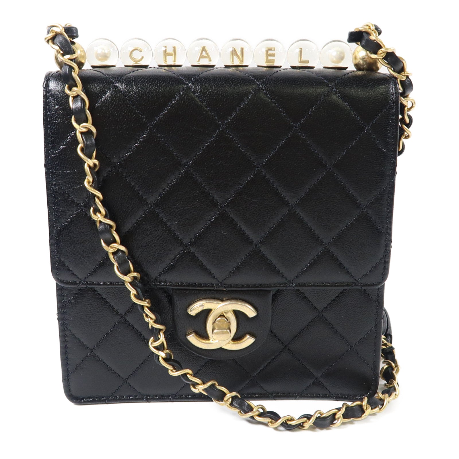 CHANEL【激減優惠】 羊皮皮革Matelasse Pearl Chain Bag金扣鏈帶肩背袋黑色