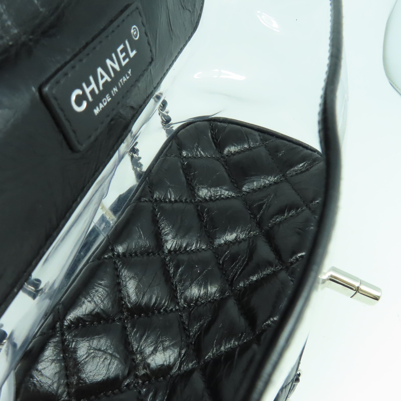CHANEL 【清倉大減價】菱格牛皮皮革/PVC Chain Shoulder銀扣鏈帶肩背袋黑色