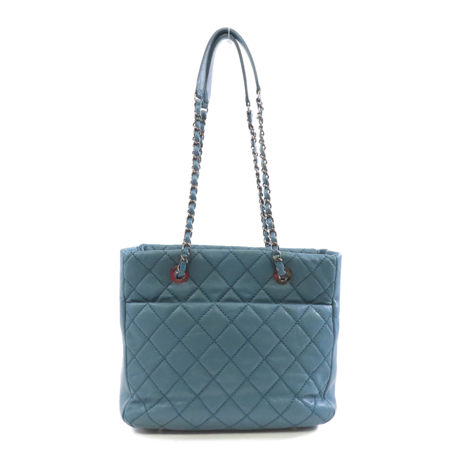 CHANEL 菱格牛皮皮革Tote Bag銀扣鏈帶肩背袋藍色