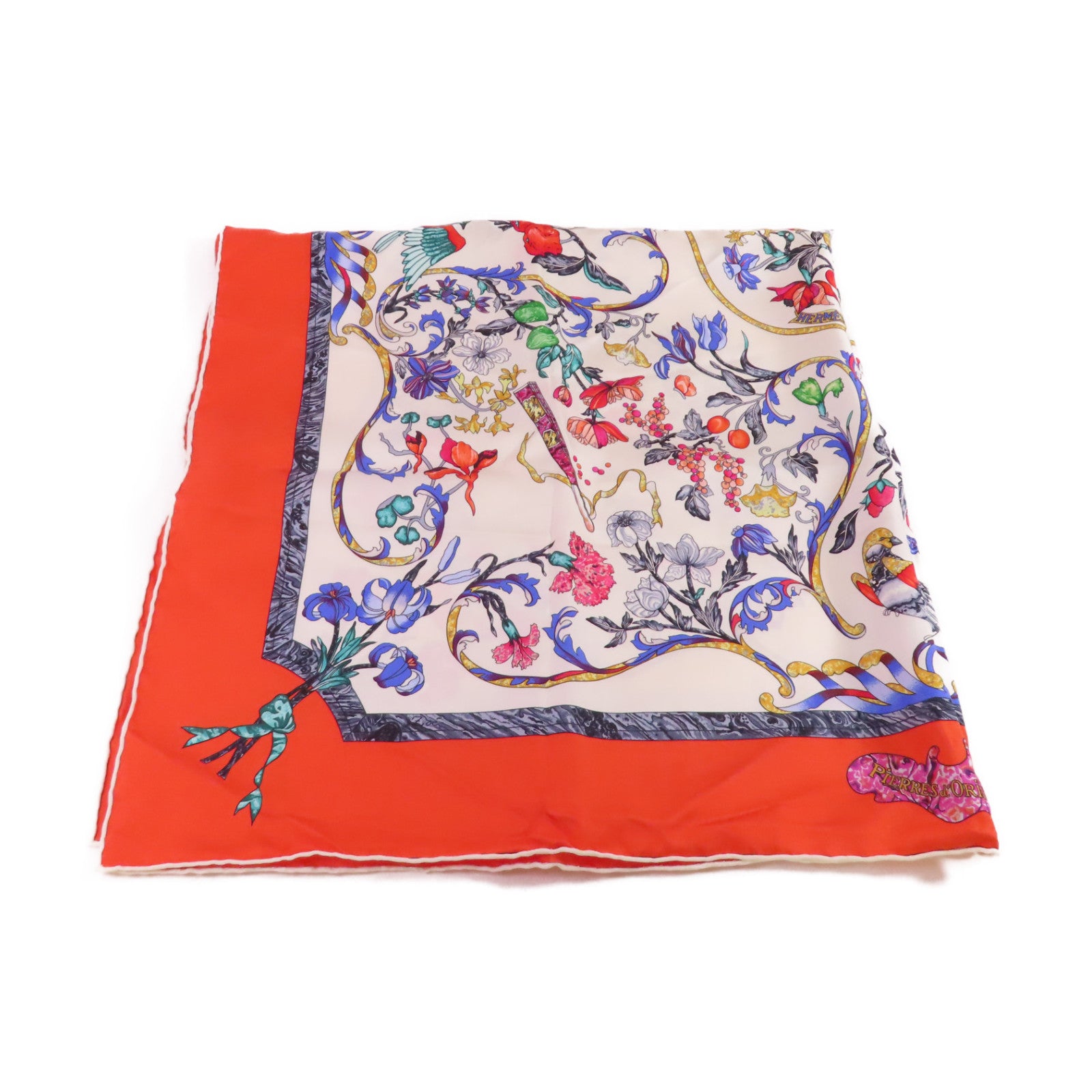 HERMES 絲質90x90 Scarf絲巾白色/橙色/彩色