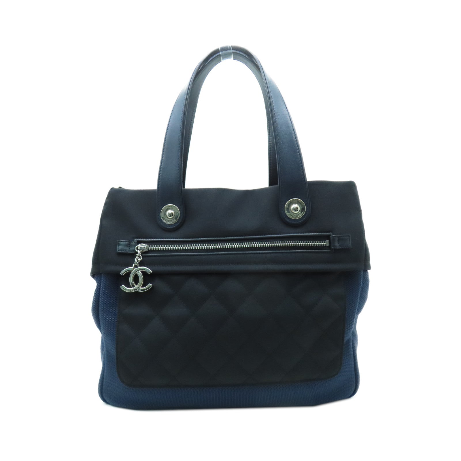 CHANEL 【激減優惠】菱格帆布Tote Bag銀扣手挽袋藍色/黑色