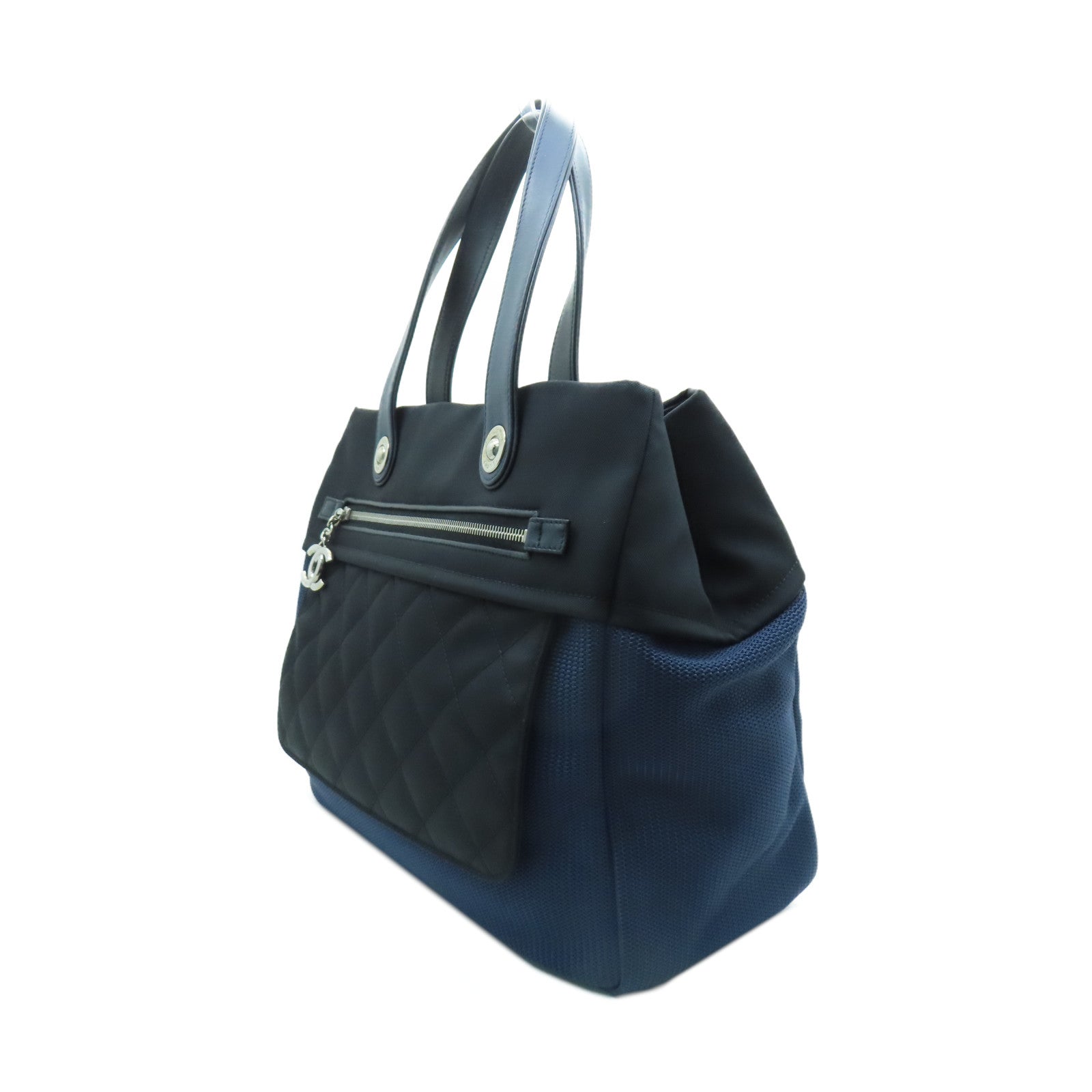 CHANEL 【激減優惠】菱格帆布Tote Bag銀扣手挽袋藍色/黑色