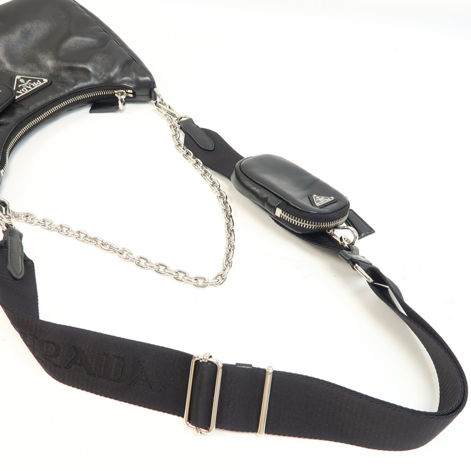 PRADA 牛皮皮革Re-Edition 2005銀扣手挽肩背兩用袋黑色