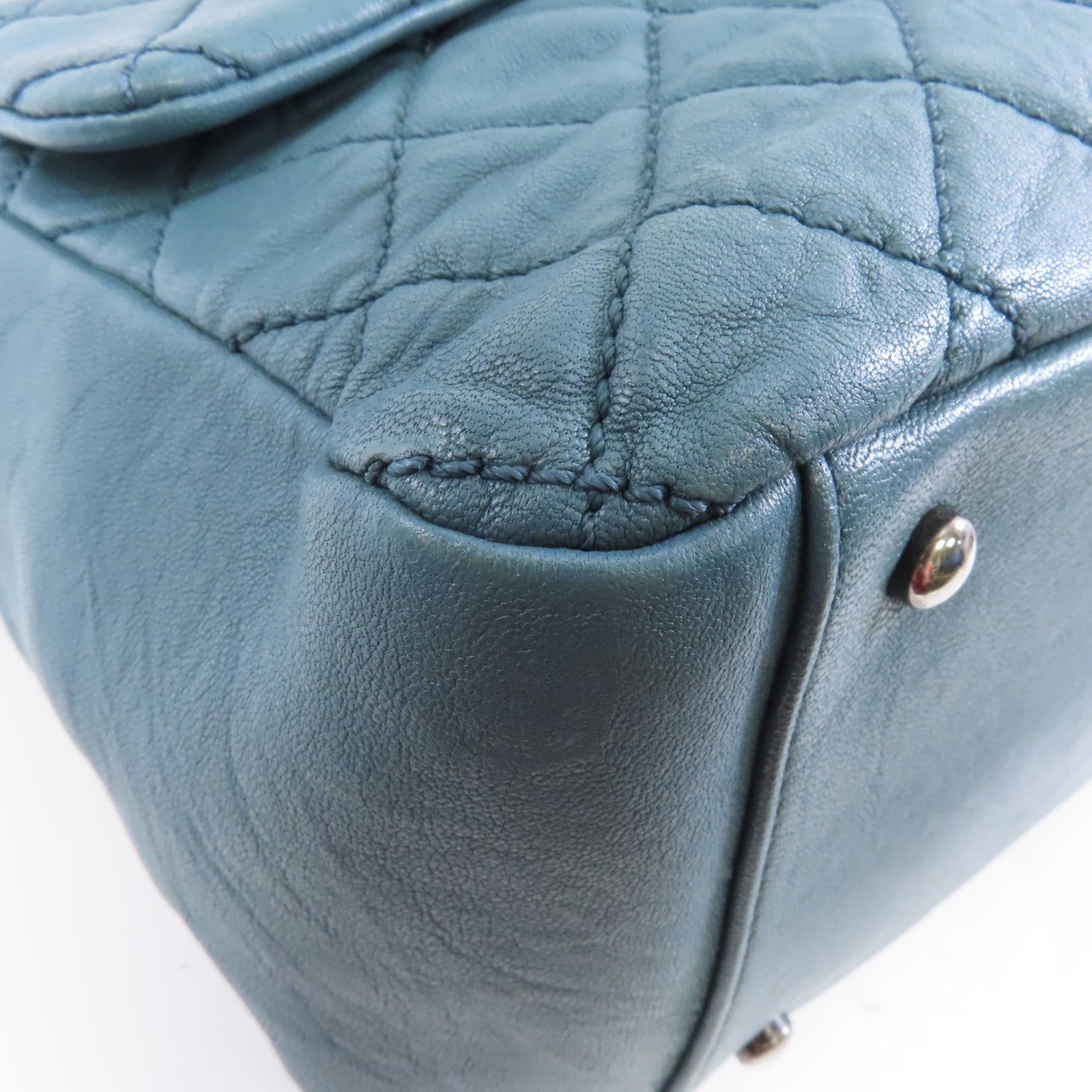 CHANEL 菱格牛皮皮革Tote Bag銀扣鏈帶肩背袋藍色