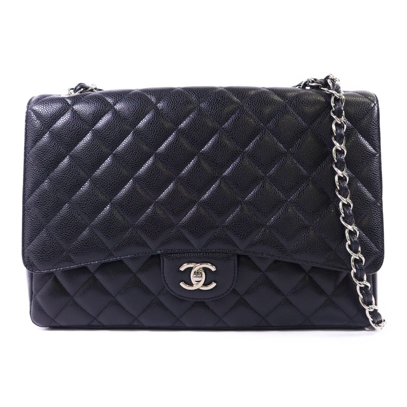 CHANEL 牛皮皮革Maxi Classic銀扣鏈帶肩背袋