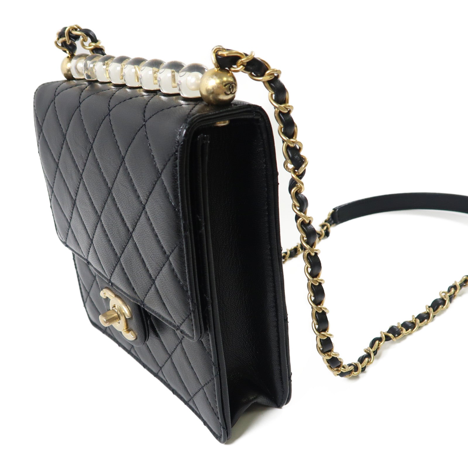 CHANEL【激減優惠】 羊皮皮革Matelasse Pearl Chain Bag金扣鏈帶肩背袋黑色