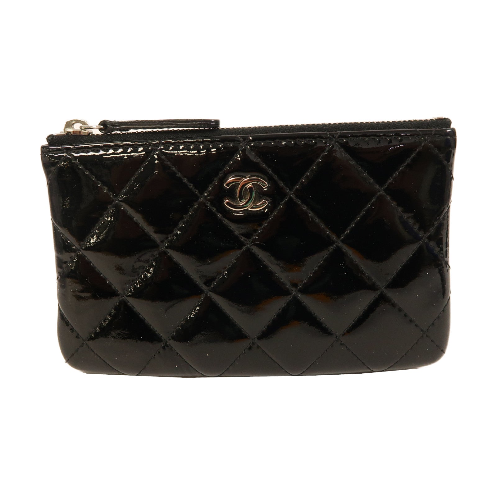 CHANEL 菱格漆皮皮革Round Wallet銀扣圓錢包黑色