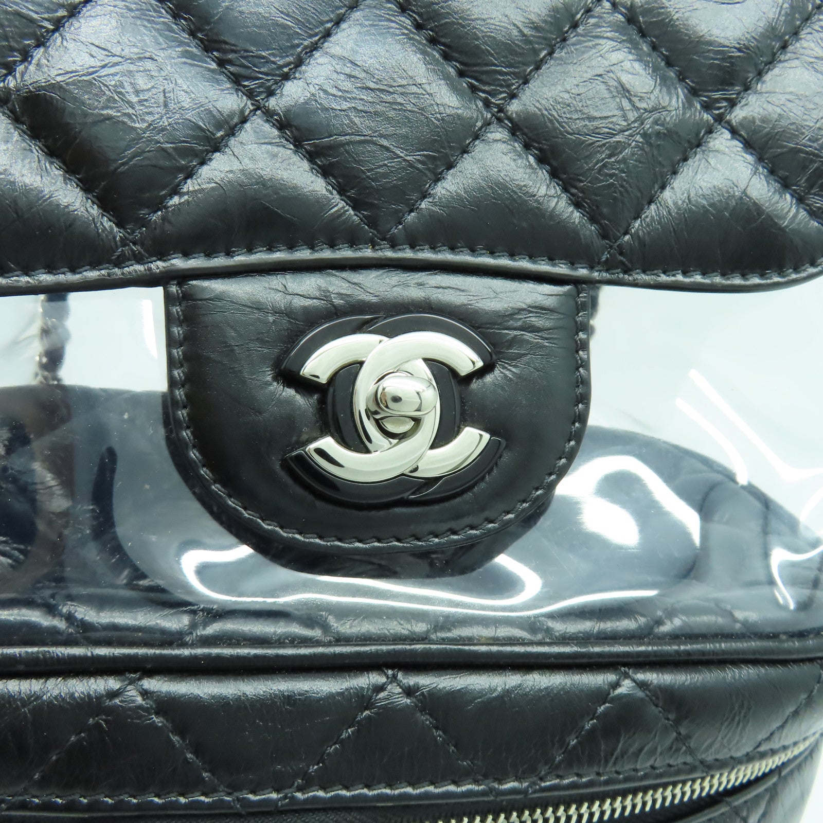 CHANEL 【清倉大減價】菱格牛皮皮革/PVC Chain Shoulder銀扣鏈帶肩背袋黑色