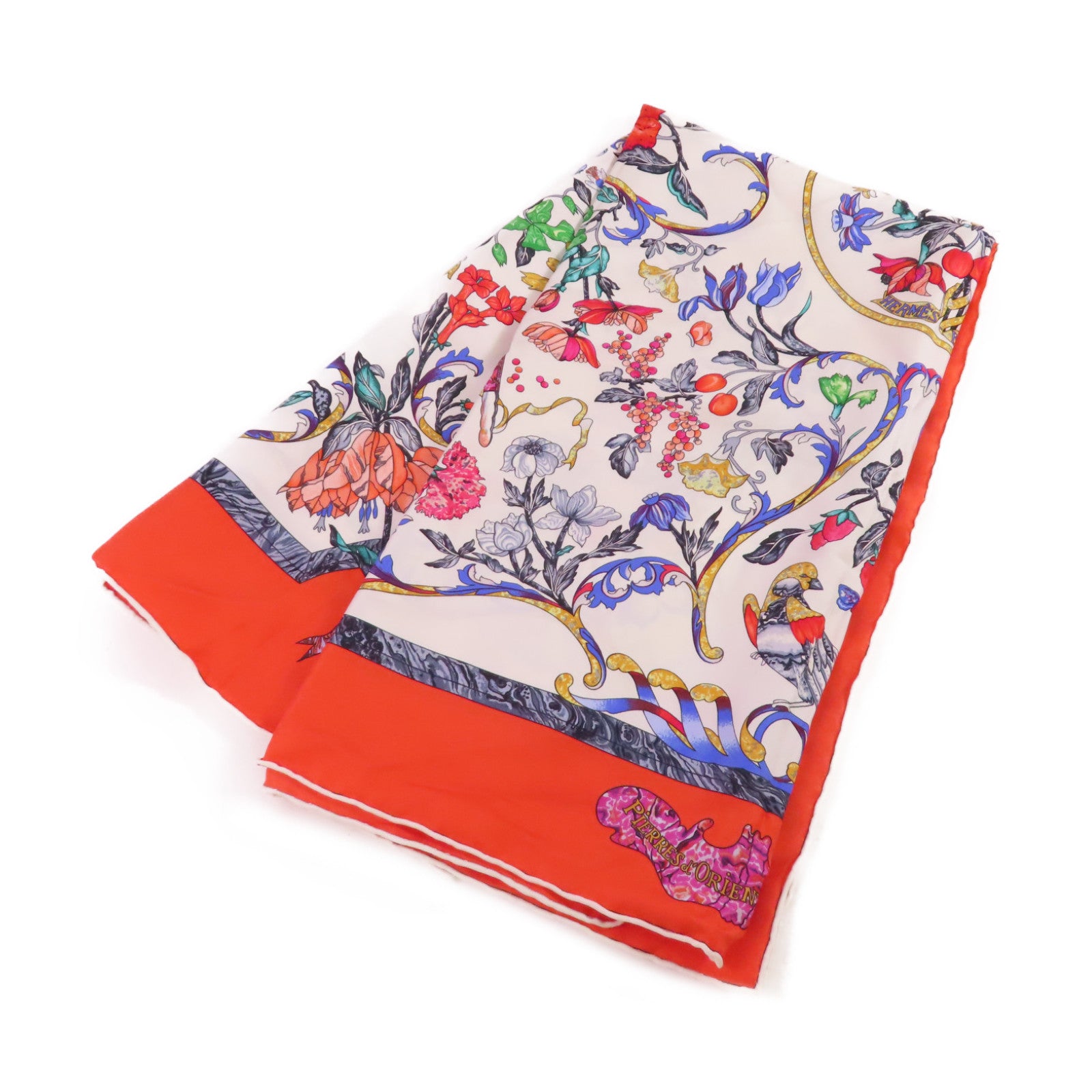 HERMES 絲質90x90 Scarf絲巾白色/橙色/彩色