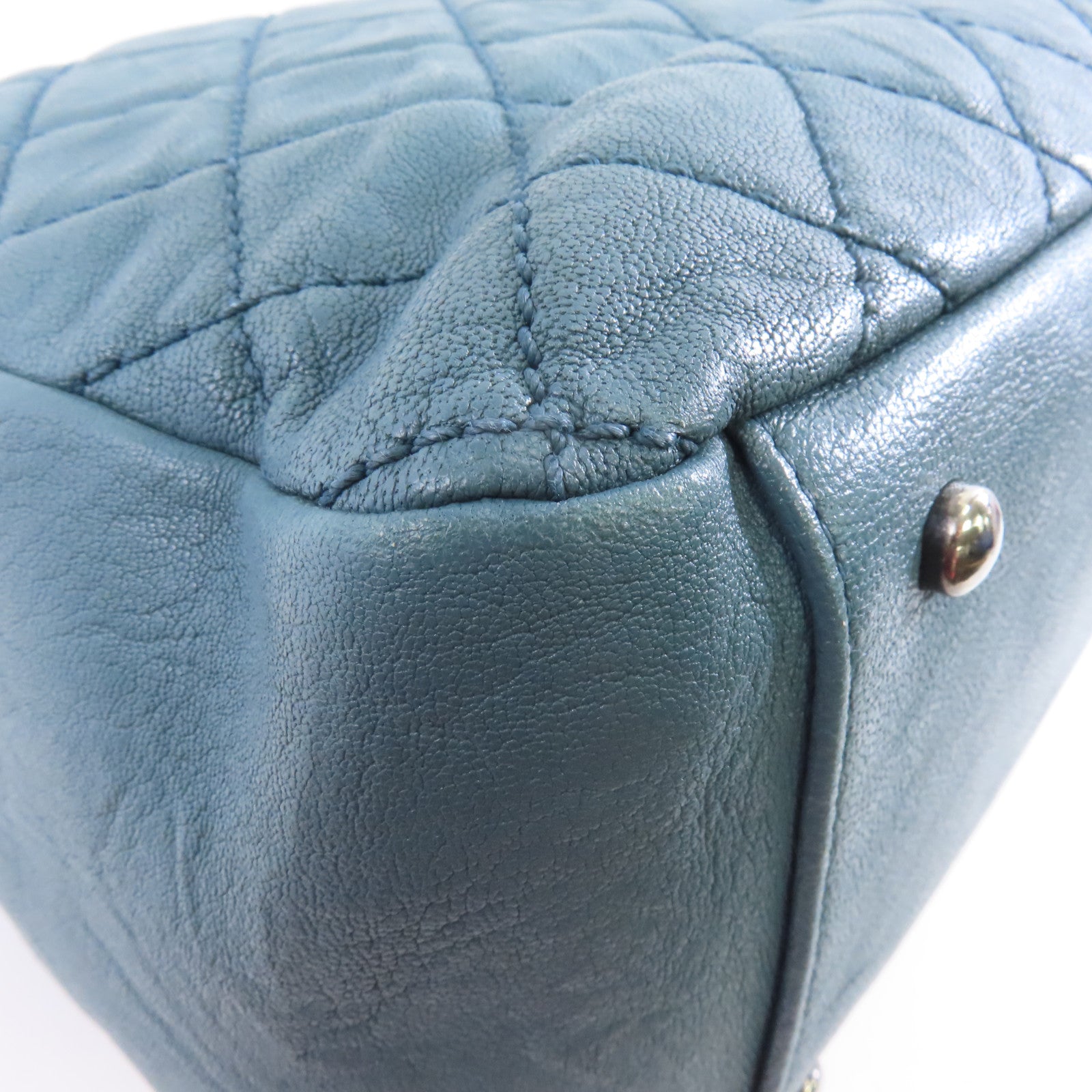 CHANEL 菱格牛皮皮革Tote Bag銀扣鏈帶肩背袋藍色