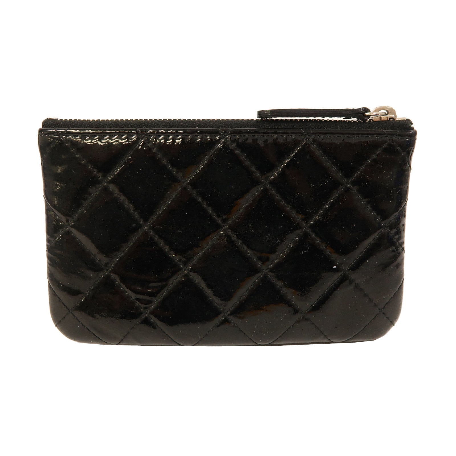 CHANEL 菱格漆皮皮革Round Wallet銀扣圓錢包黑色