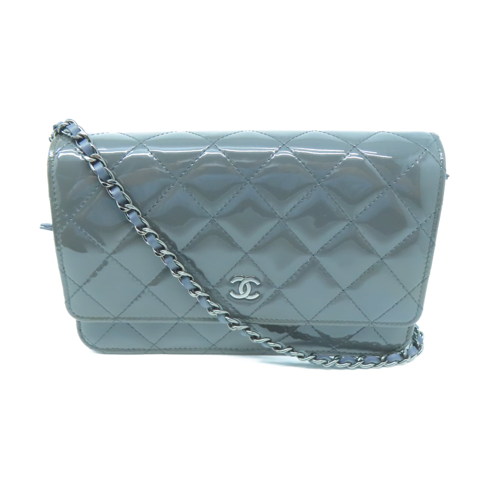 CHANEL 【激減優惠】菱格漆皮皮革Wallet On Chain銀扣鏈帶肩背袋灰色