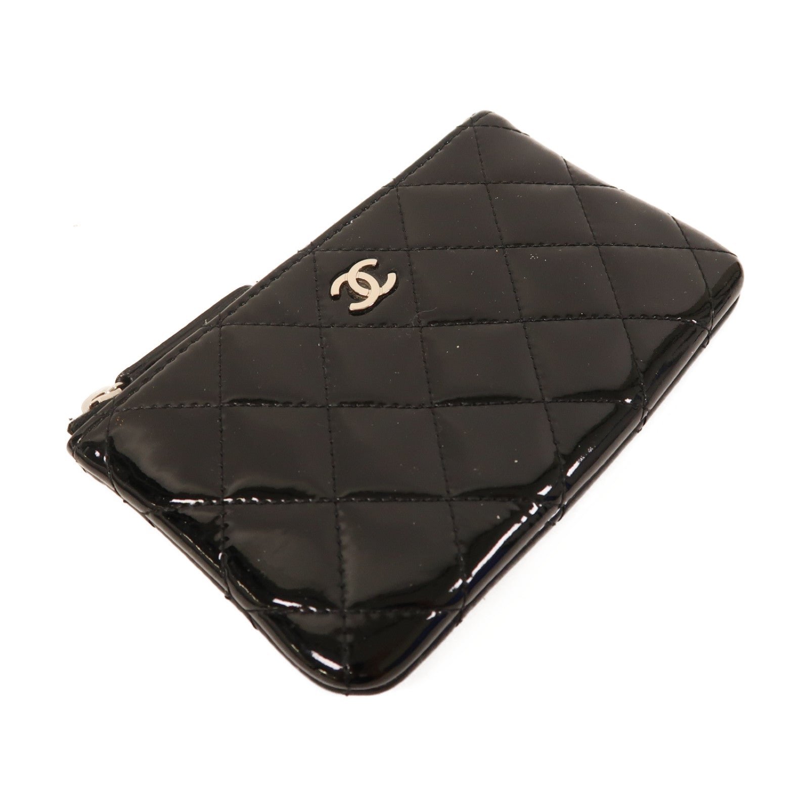 CHANEL 菱格漆皮皮革Round Wallet銀扣圓錢包黑色