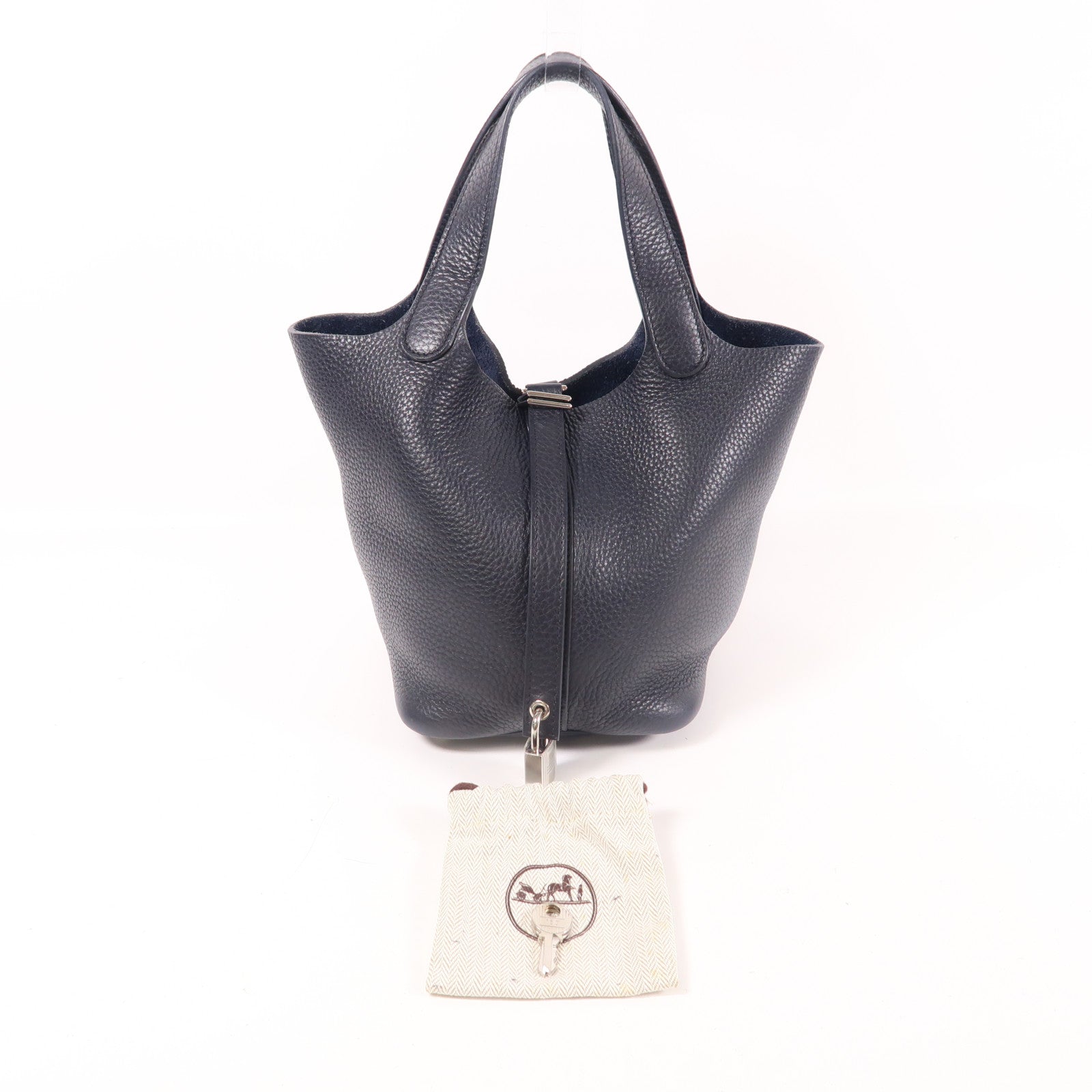 HERMES PHW Picotin Lock 18 PM Handbag Clemence Leather Bleu Nuit