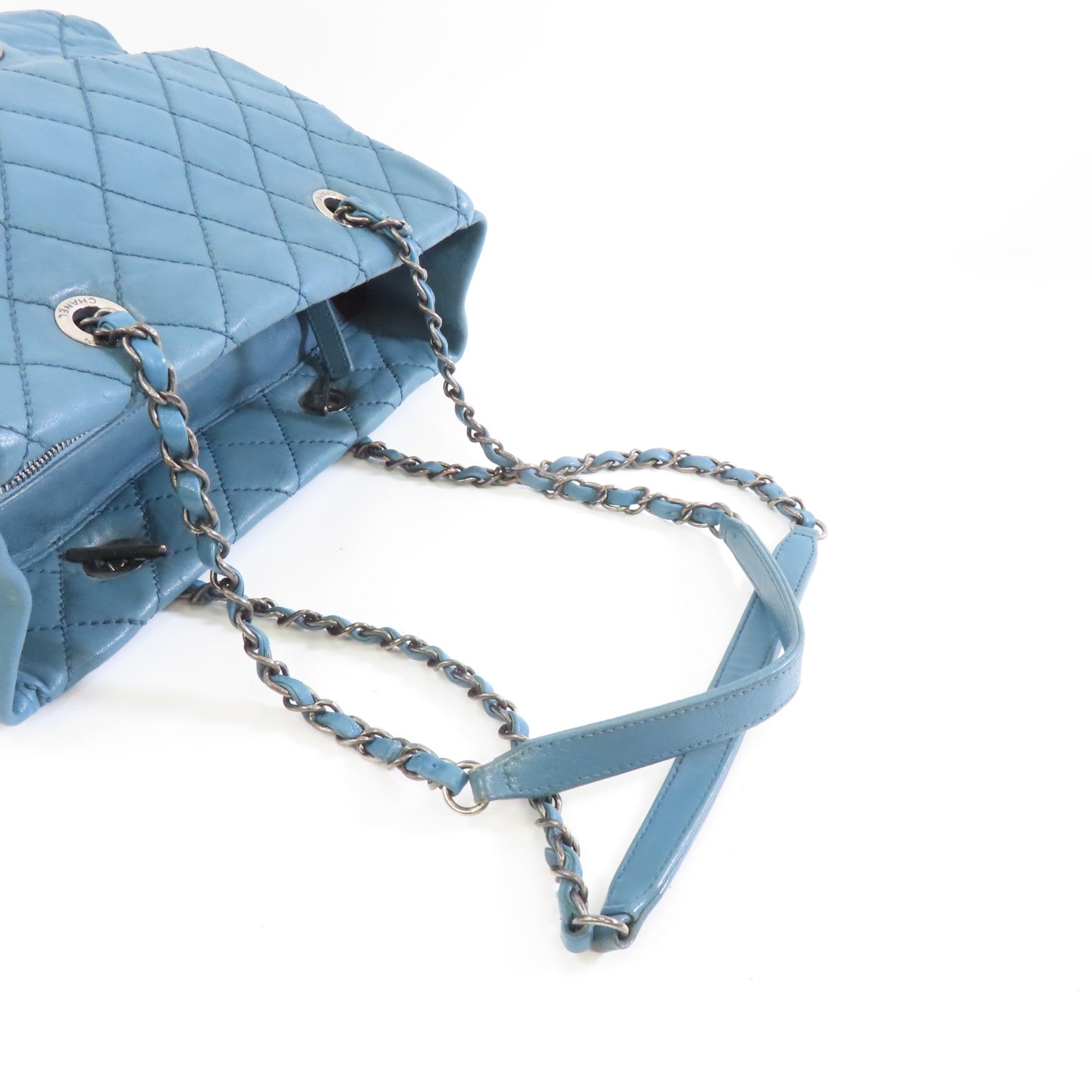 CHANEL 菱格牛皮皮革Tote Bag銀扣鏈帶肩背袋藍色
