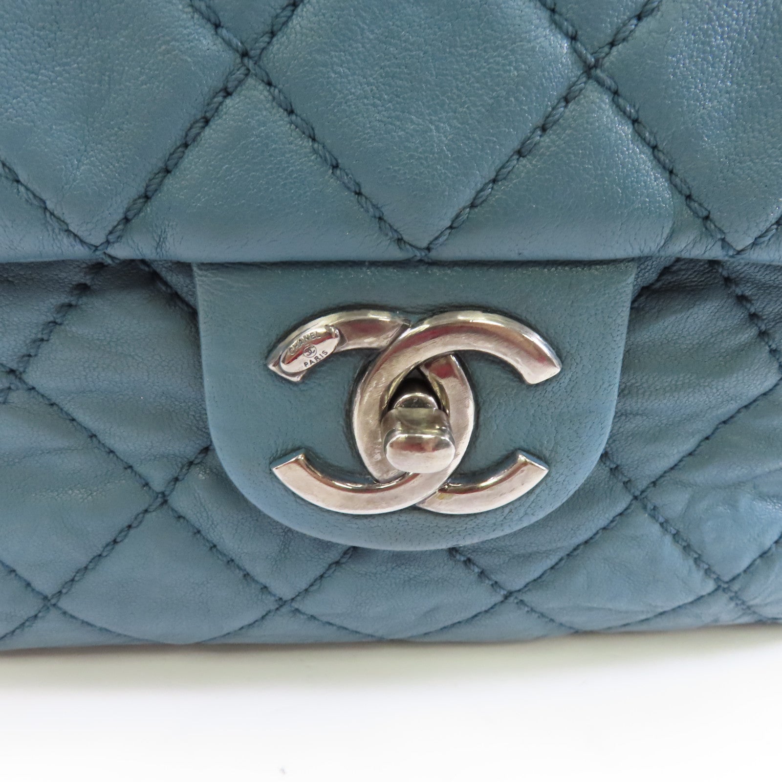 CHANEL 菱格牛皮皮革Tote Bag銀扣鏈帶肩背袋藍色